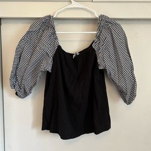 Anthropologie Gingham Puff Sleeve Ruched Top